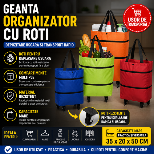 Geanta Multifunctionala pentru Cumparaturi, Material Rezistent, Multiple Compartimente, Roti Stabile