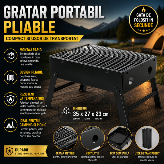 Gratar Portabil Pliabil din Otel, 35 x 27 cm, Compact si Usor de Transportat, Ideal pentru Camping, Picnic si Gradina