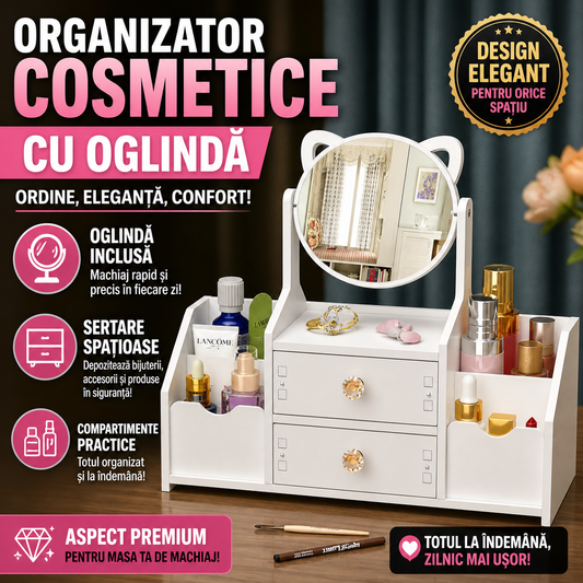 Organizator Cosmetice cu Oglinda si Sertare, Suport Machiaj Multifunctional, Design Elegant Alb, 40 x 20 cm