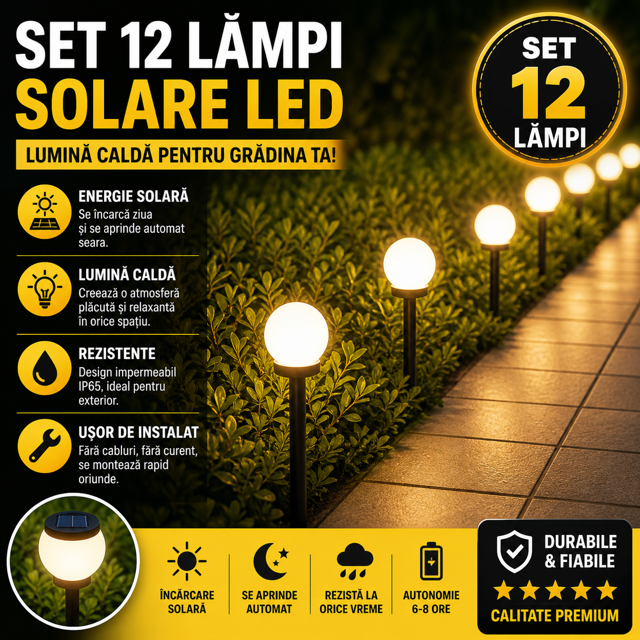 Set 12 x Lampa Solara LED Gradina tip Glob – Iluminat Exterior Premium fara Cabluri, Rezistenta la Apa, Lumina Ambientala Automata