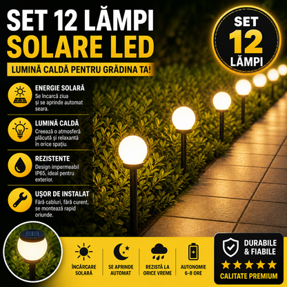 Set 12 x Lampa Solara LED Gradina tip Glob – Iluminat Exterior Premium fara Cabluri, Rezistenta la Apa, Lumina Ambientala Automata