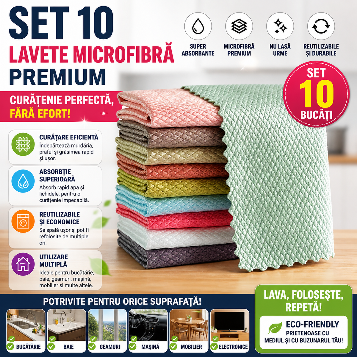 Set 10 Lavete Microfibra Premium, Super Absorbante, Reutilizabile, pentru Bucatarie, Baie si Suprafete Diverse