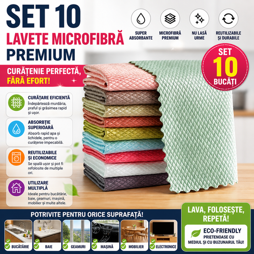 Set 10 Lavete Microfibra Premium, Super Absorbante, Reutilizabile, pentru Bucatarie, Baie si Suprafete Diverse