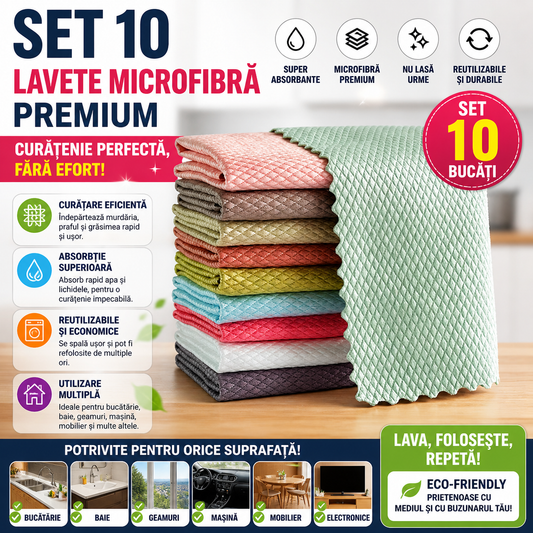 Set 10 Lavete Microfibra Premium, Super Absorbante, Reutilizabile, pentru Bucatarie, Baie si Suprafete Diverse