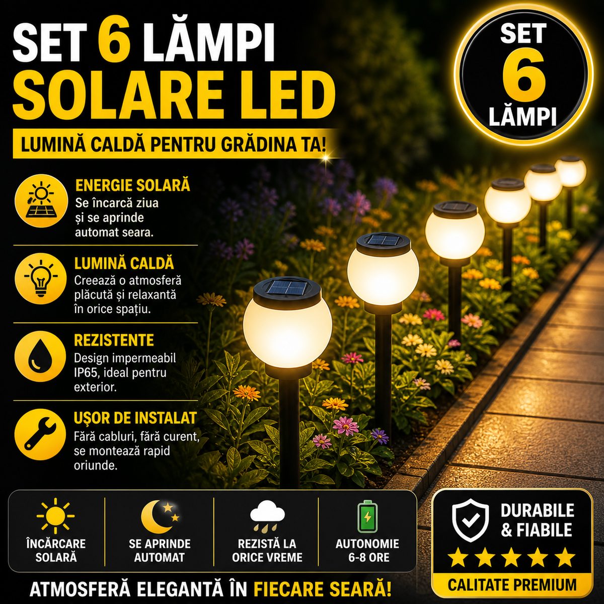 Set 6 x Lampa Solara LED Gradina tip Glob – Iluminat Exterior Premium fara Cabluri, Rezistenta la Apa, Lumina Ambientala Automata
