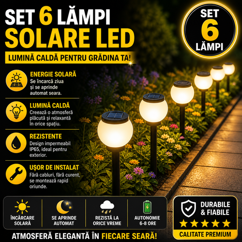 Set 6 x Lampa Solara LED Gradina tip Glob – Iluminat Exterior Premium fara Cabluri, Rezistenta la Apa, Lumina Ambientala Automata