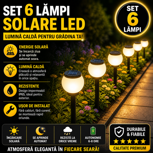 Set 6 x Lampa Solara LED Gradina tip Glob – Iluminat Exterior Premium fara Cabluri, Rezistenta la Apa, Lumina Ambientala Automata