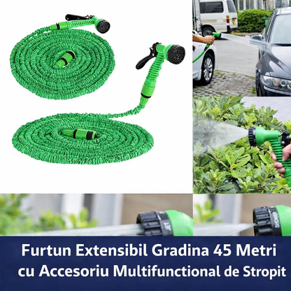 Furtun Extensibil Gradina 45 Metri cu Accesoriu Multifunctional de Stropit – Furtun Elastic pentru Udat, Spalat si Irigat