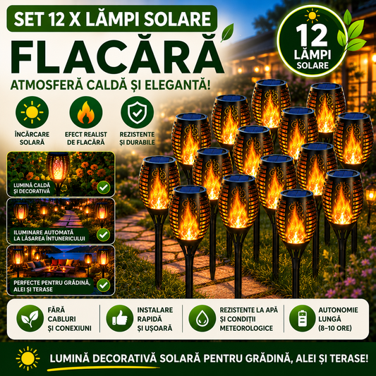 Set 12 x Lampa Solara Tip Flacara LED, Iluminat Gradina Exterior, Efect Flacara Realista, Incarcare Solara, Rezistente la Apa, Decor Gradina Premium