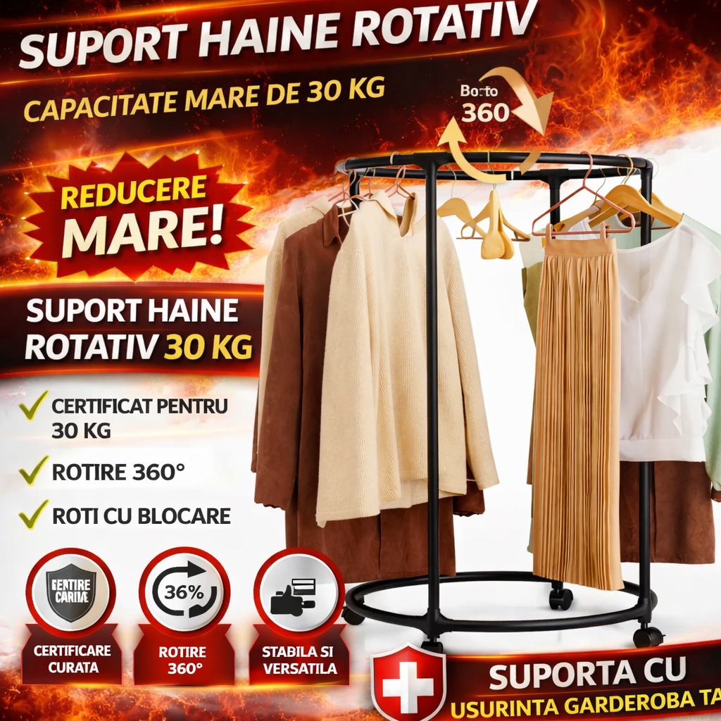 Suport Haine Rotativ 360 Capacitate 30 kg Stand Umerase Metalic Organizator Haine Modern Pentru Dormitor Dressing Magazin