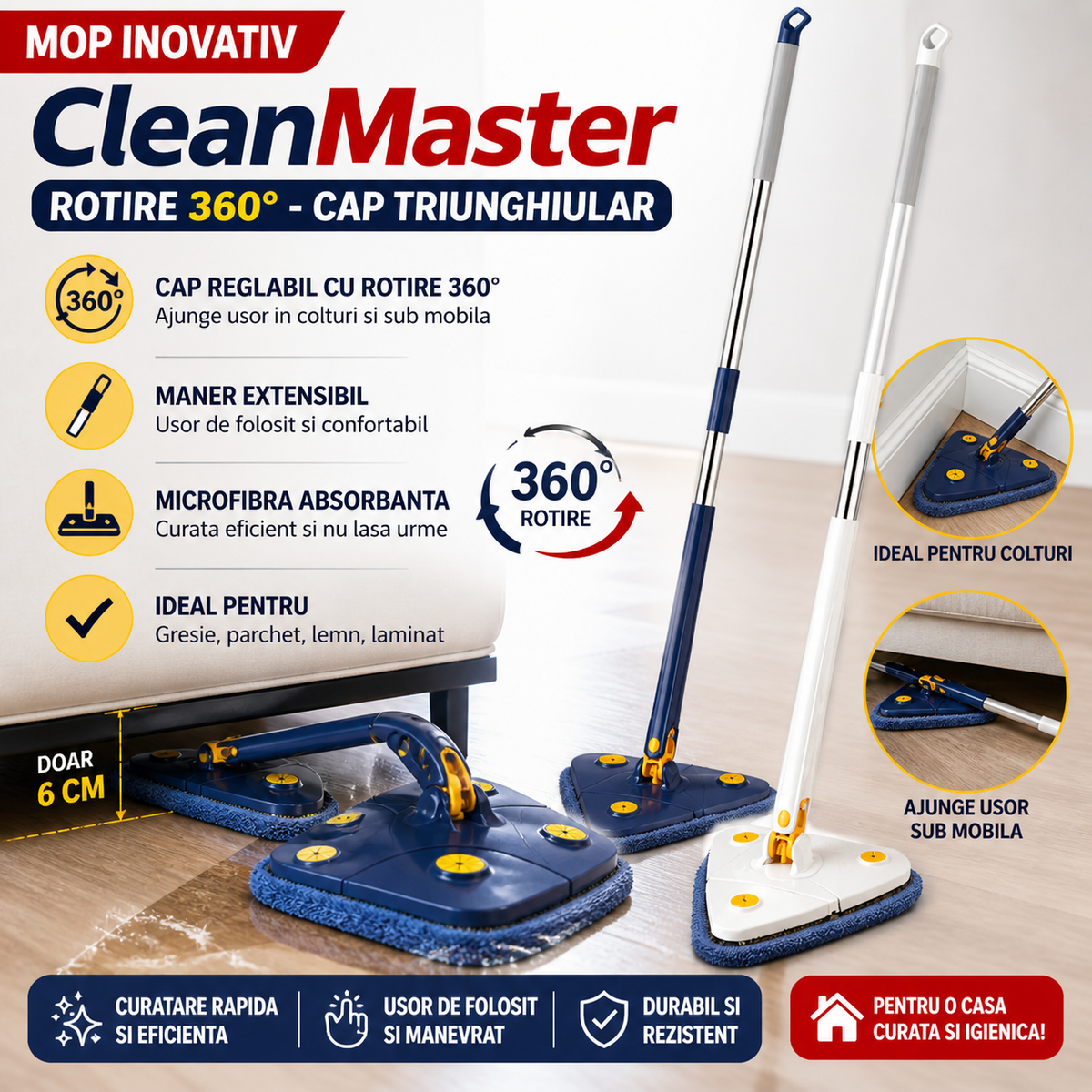 Mop Multifunctional CleanMaster, Rotire 360°, Cap Triunghiular, Usor de Folosit si Eficient