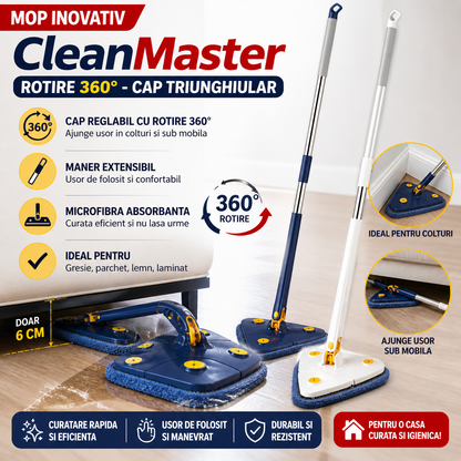 Mop Multifunctional CleanMaster, Rotire 360°, Cap Triunghiular, Usor de Folosit si Eficient