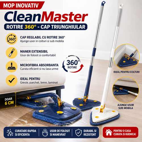 Mop Multifunctional CleanMaster, Rotire 360°, Cap Triunghiular, Usor de Folosit si Eficient