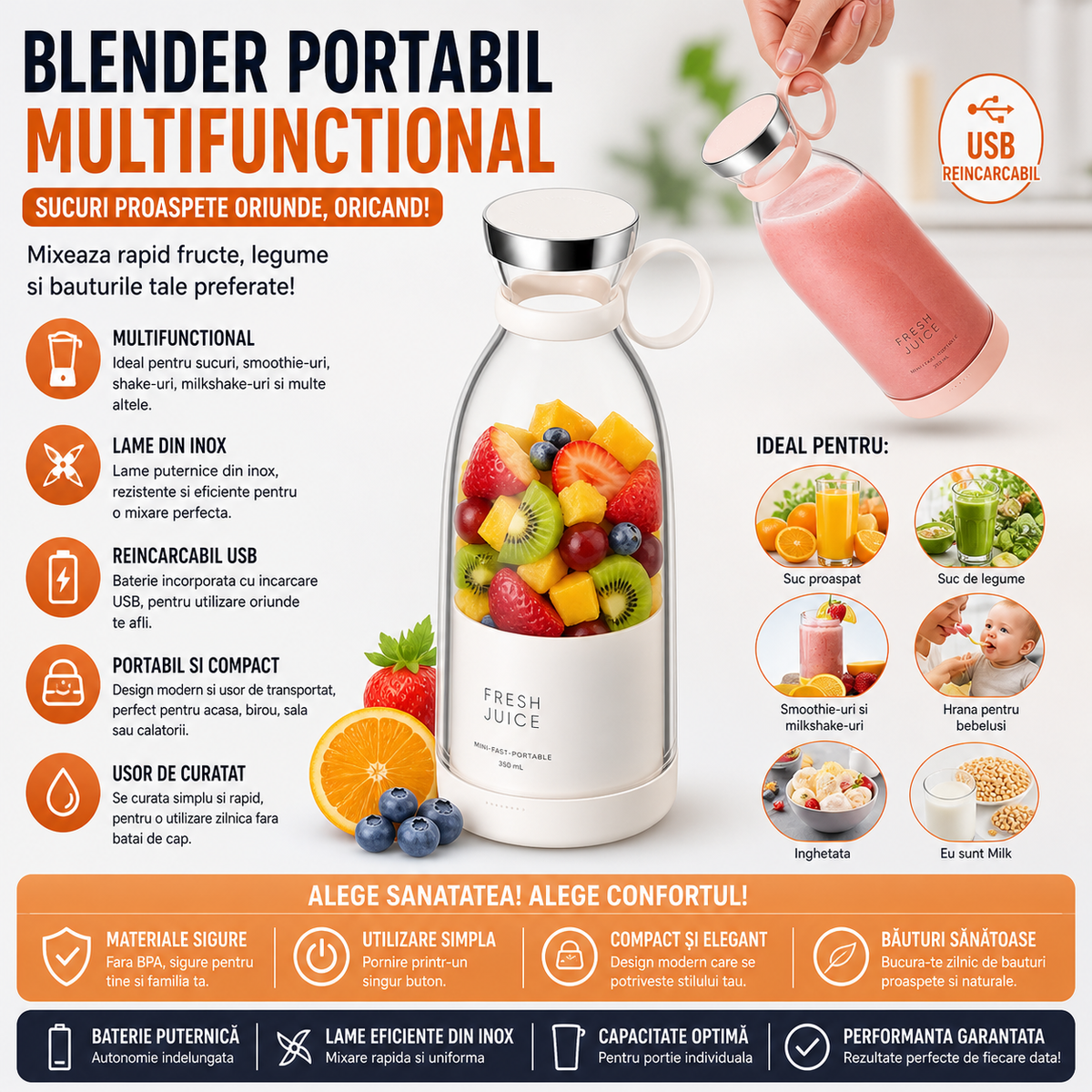Blender Portabil Multifunctional Fresh Juice cu USB – Sticla Blender pentru Smoothie, Sucuri si Shake-uri, Lama Inox, Reincarcabil, 420 ml