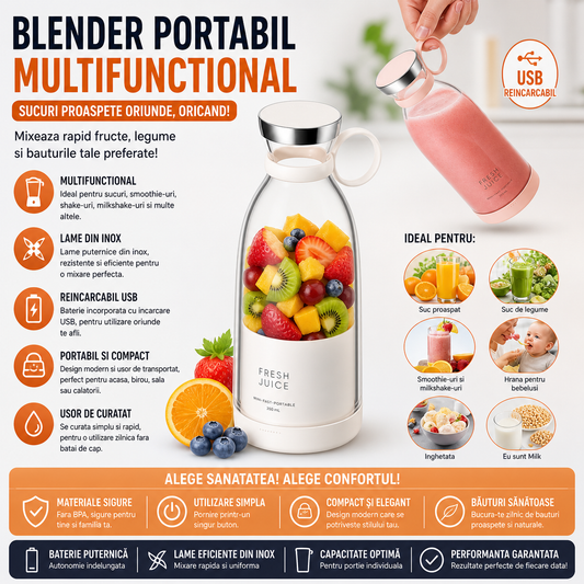 Blender Portabil Multifunctional Fresh Juice cu USB – Sticla Blender pentru Smoothie, Sucuri si Shake-uri, Lama Inox, Reincarcabil, 420 ml