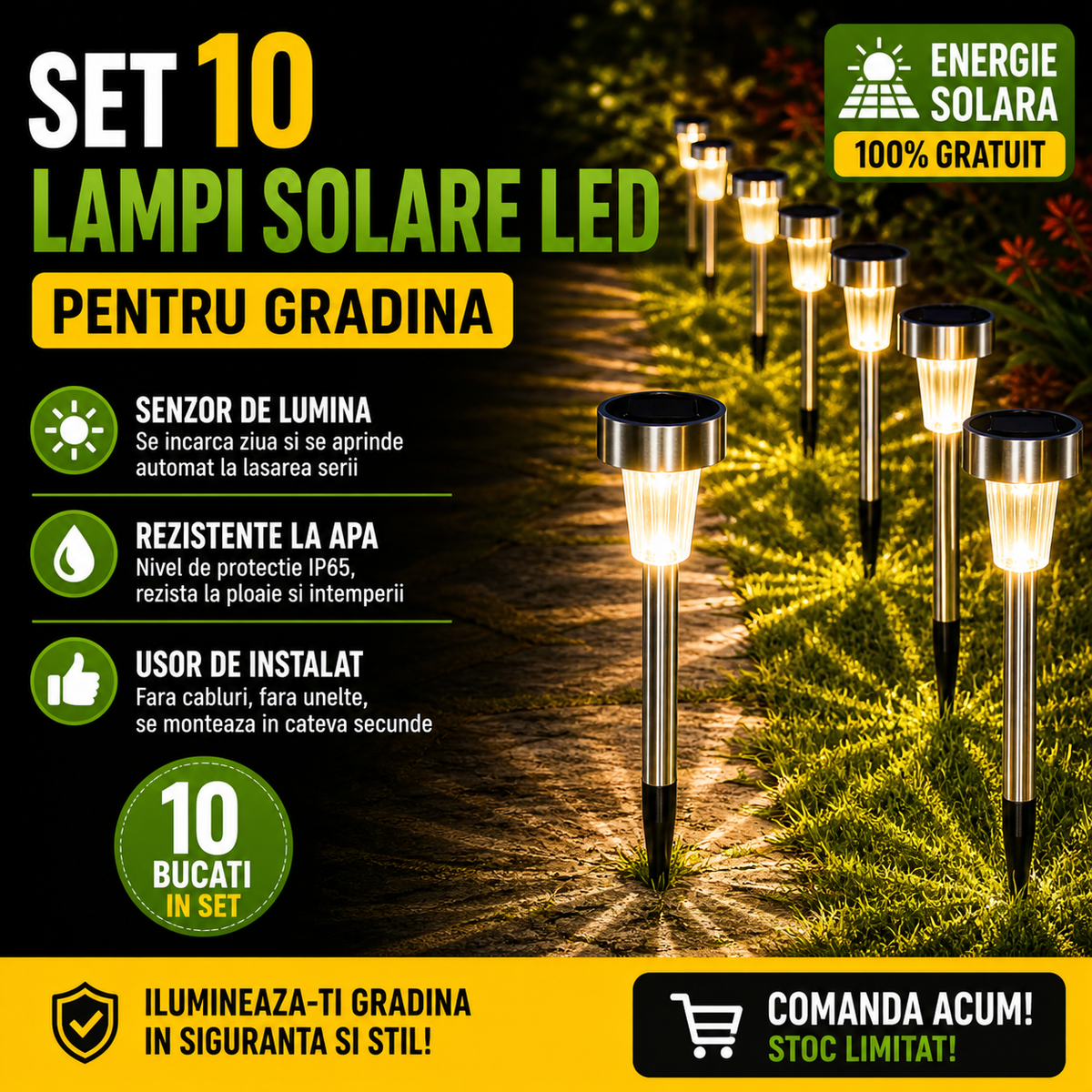 Set 10 x Lampa Solara LED Tip Tarus pentru Gradina, Iluminat Exterior, Curte Terasa, Lumina Automata Noaptea, Rezistente la Apa IP65