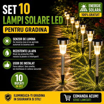 Set 10 x Lampa Solara LED Tip Tarus pentru Gradina, Iluminat Exterior, Curte Terasa, Lumina Automata Noaptea, Rezistente la Apa IP65