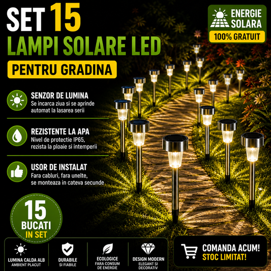 Set 15 x Lampa Solara LED Tip Tarus pentru Gradina, Iluminat Exterior Alei Curte Terasa, Lumina Automata Noaptea, Rezistente la Apa IP65