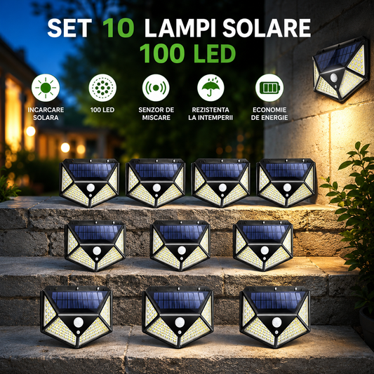 Set 10 x Lampa Solara cu Senzor de Miscare, 100 LED, Iluminare 3 Laturi, IP65 pentru Exterior