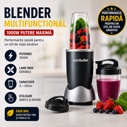 Blender Smoothie Multifunctional 1000W, Set Complet cu Pahar 1L si 500ml, Lame din Otel Inoxidabil, Ideal pentru Smoothie, Sucuri si Rasnire