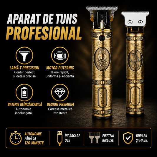 Aparat de Tuns Profesional cu Lama T Precision, Baterie Reincarcabila USB, Motor Puternic, 4 Capete Incluse, Design Vintage Metalic, Ideal Barba si Contur