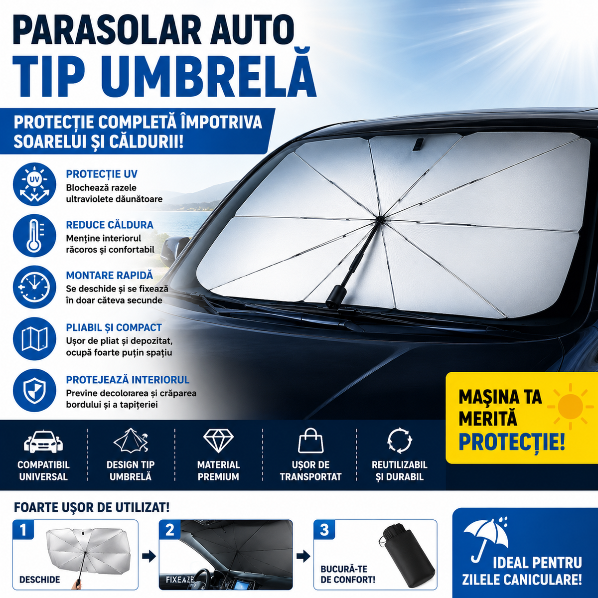 Parasolar Auto Tip Umbrela Pentru Parbriz, Protectie UV, Pliabil, Montaj Rapid, Protectie Impotriva Calduri