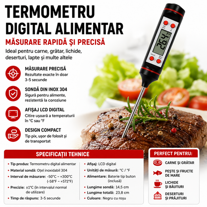 Termometru Digital Alimentar cu Sonda Inox, Afisaj LCD, Masurare Rapida