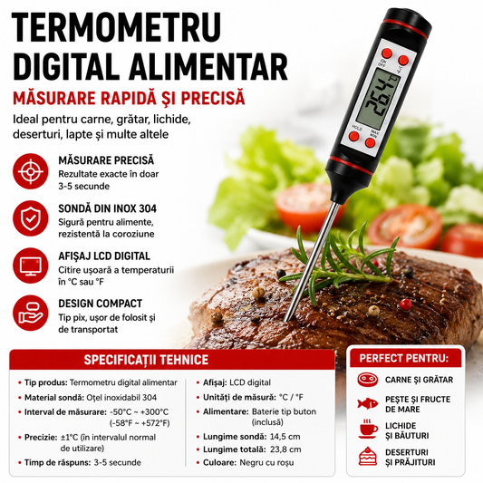 Termometru Digital Alimentar cu Sonda Inox, Afisaj LCD, Masurare Rapida