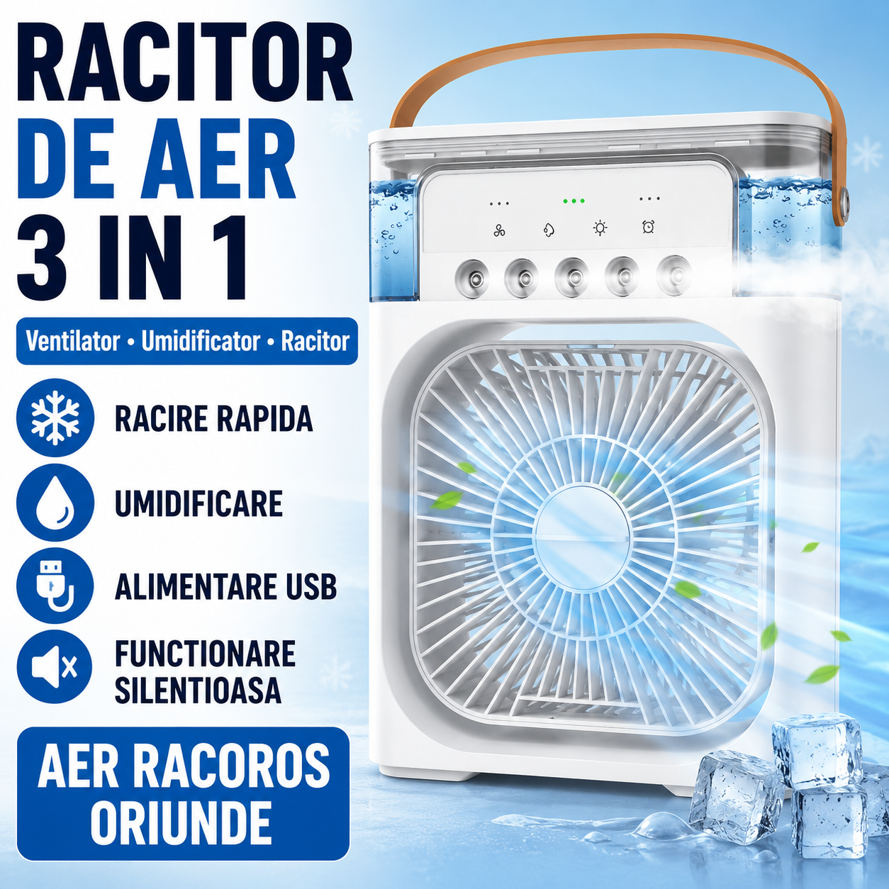 Ventilator cu Apa și Umidificator 3 în 1 – 3 Trepte Viteza si Pulverizare, USB, Silentios, Temporizator , 600 ml