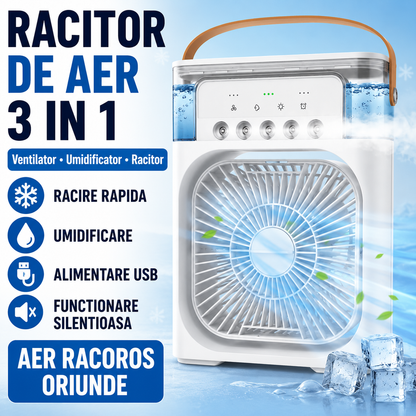 Ventilator cu Apa și Umidificator 3 în 1 – 3 Trepte Viteza si Pulverizare, USB, Silentios, Temporizator , 600 ml