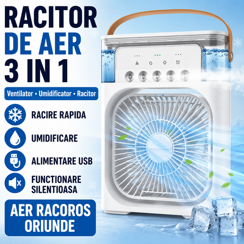 Ventilator cu Apa și Umidificator 3 în 1 – 3 Trepte Viteza si Pulverizare, USB, Silentios, Temporizator , 600 ml