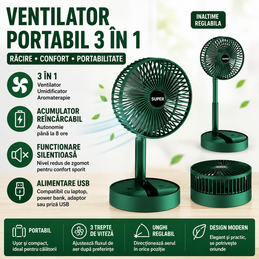 Ventilator de Masa LI Multifunctional 3 in 1 cu Suport pentru Telefon, Inaltime Reglabila, Pliabil, Silentios, 2000 mAh