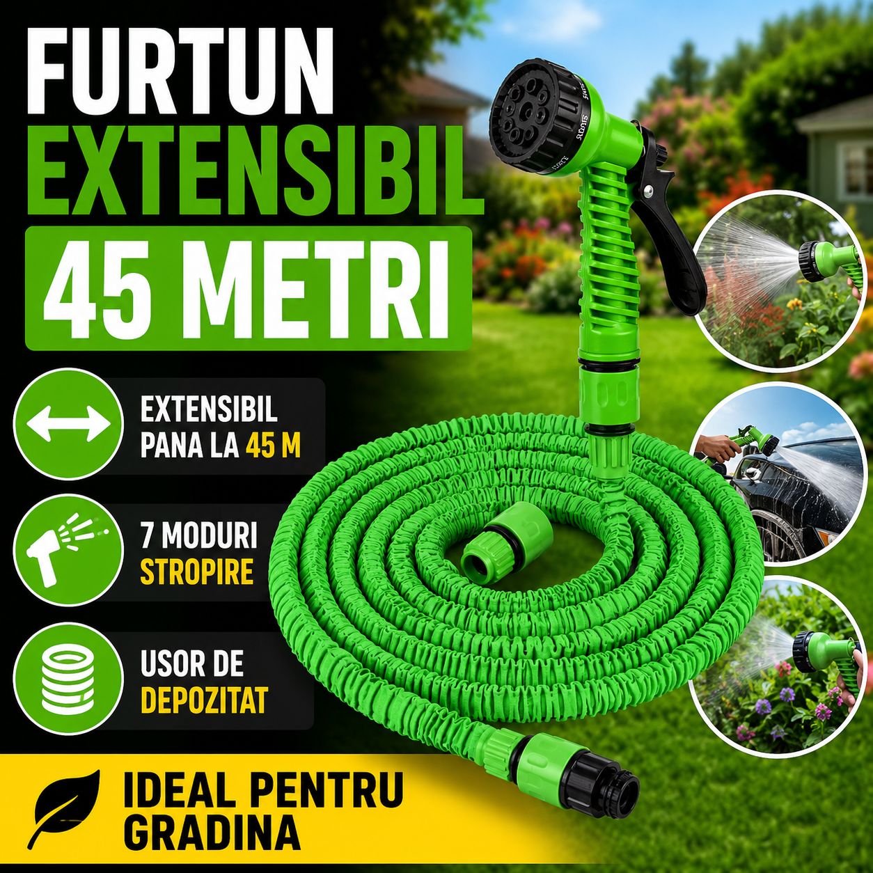 Furtun Extensibil Gradina 45 Metri cu Accesoriu Multifunctional de Stropit – Furtun Elastic pentru Udat, Spalat si Irigat