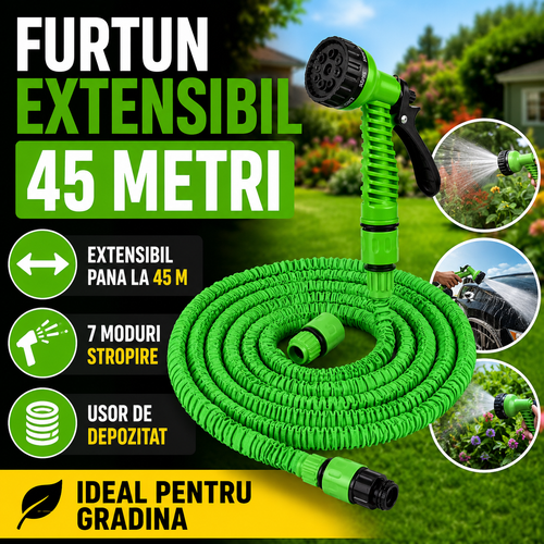 Furtun Extensibil Gradina 45 Metri cu Accesoriu Multifunctional de Stropit – Furtun Elastic pentru Udat, Spalat si Irigat