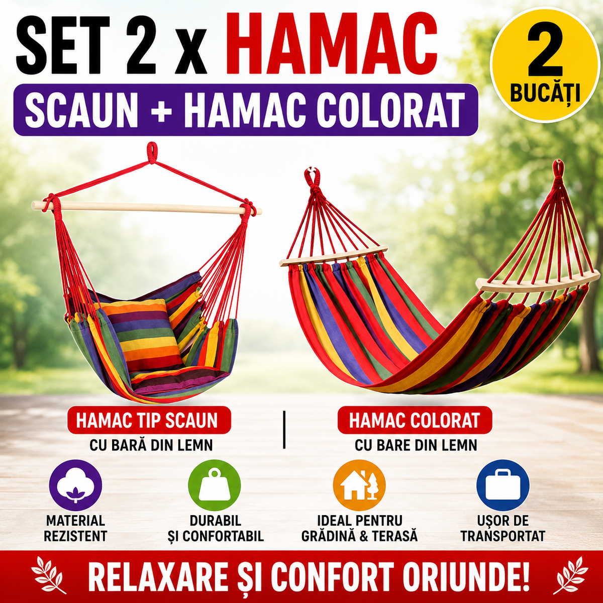 Set 2 x Hamac Gradina – Hamac Tip Scaun cu Bara din Lemn + Hamac Colorat cu Bare din Lemn, Ideal pentru Terasa si Relaxare Exterior