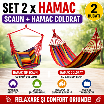 Set 2 x Hamac Gradina – Hamac Tip Scaun cu Bara din Lemn + Hamac Colorat cu Bare din Lemn, Ideal pentru Terasa si Relaxare Exterior