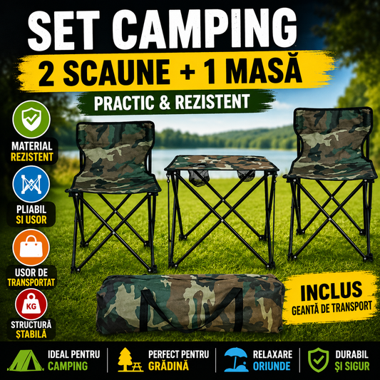 Set Camping Pliabil 3 Piese – 2 Scaune si Masuta Camuflaj cu Geanta Transport, Ideal pentru Pescuit si Drumetii