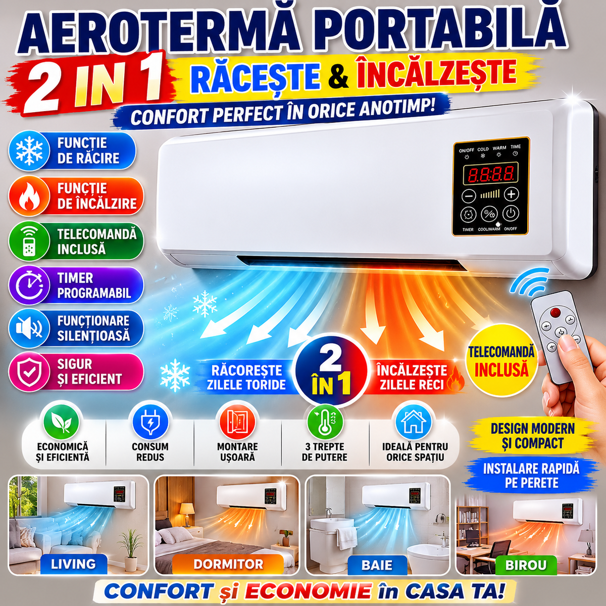 Aer Conditionat Portabil, Cu Dubla Functie, Racire / Incalzire, Design Compact