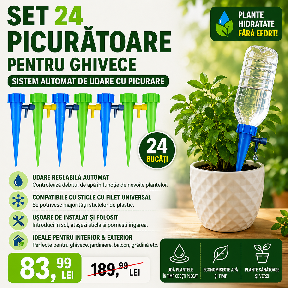 Set 24 Picuratoare pentru Ghivece – Sistem Automat de Udare cu Picurare pentru Plante in Interior si Exterior