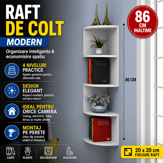 Raft de Colt Modern cu 4 Nivele, Design Compact, Economisire Spatiu, Montaj pe Perete, 86 x 20 x 20 cm