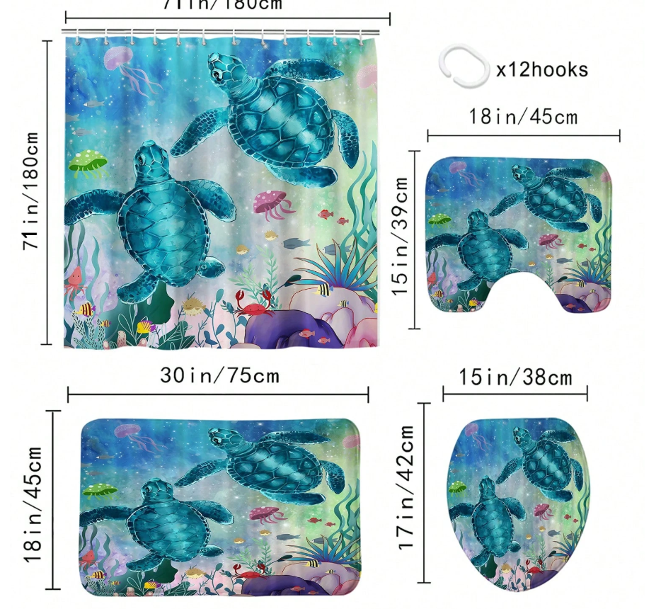 Set Pentru Baie Premium cu 4 Piese: Perdea, Covorase Si Husa De Toaleta - Two Turtles