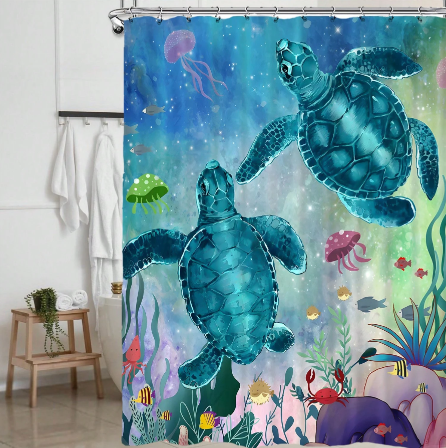 Set Pentru Baie Premium cu 4 Piese: Perdea, Covorase Si Husa De Toaleta - Two Turtles