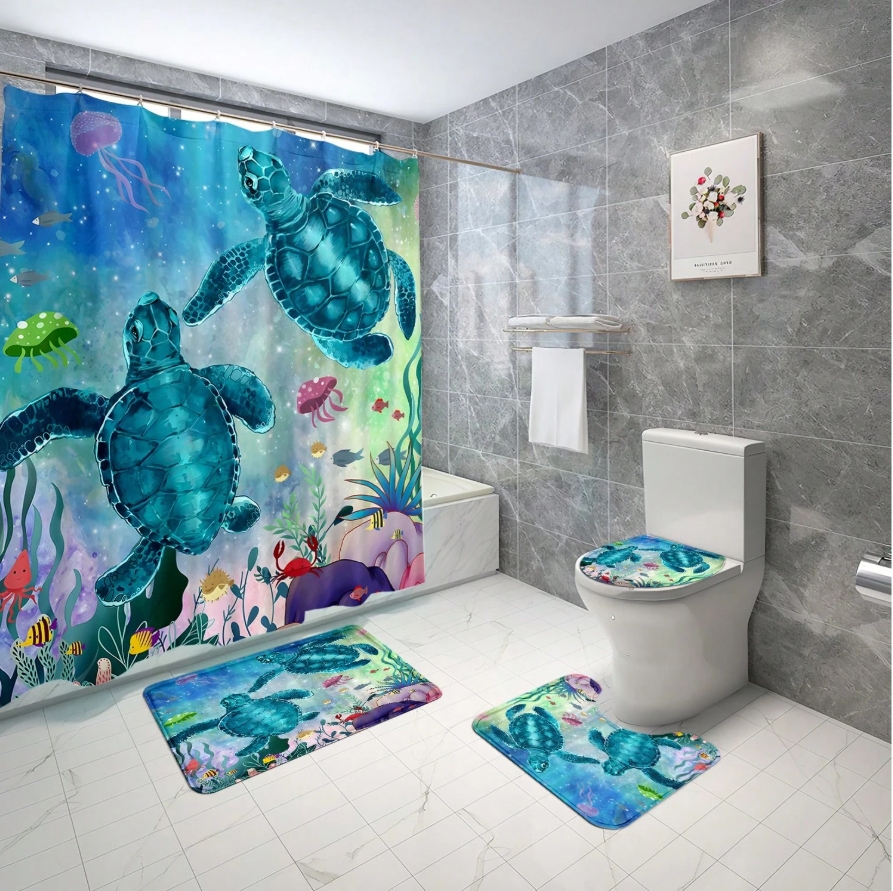 Set Pentru Baie Premium cu 4 Piese: Perdea, Covorase Si Husa De Toaleta - Two Turtles