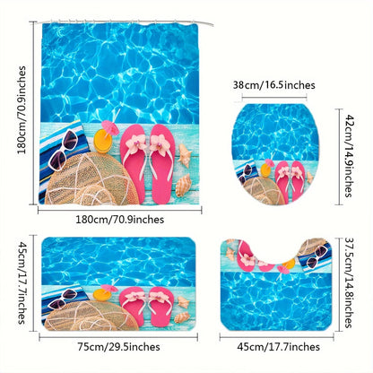 Set Pentru Baie Premium cu 4 Piese: Perdea, Covorase Si Husa De Toaleta -  Summer Beach