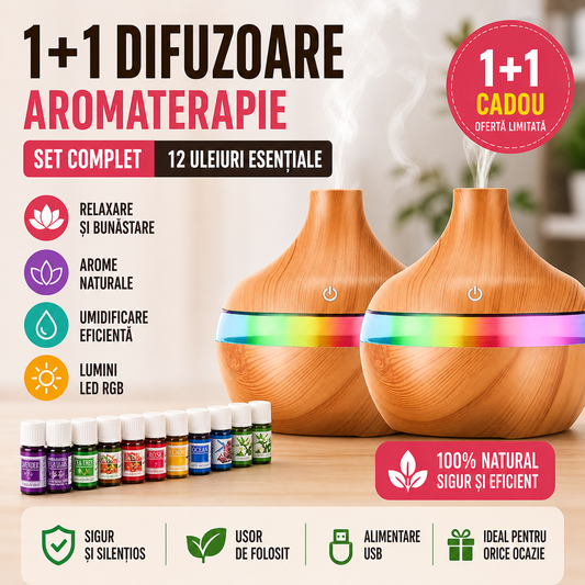 Difuzor Aromaterapie 1+1 si Cadou 24 Uleiuri Esentiale, LED, Silentios