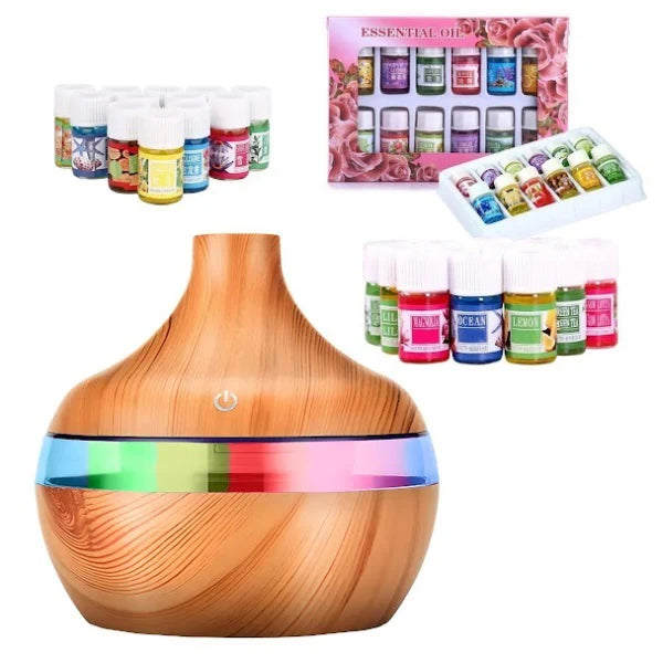 Set Difuzor Aromaterapie cu 12 Uleiuri Esentiale, Umidificator LED RGB, Cadou Relaxare si Aromaterapie pentru Casa