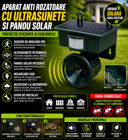 Sistem Solar Anti Pasari pentru Gradina, Terasa si Acoperis – Aparat cu Ultrasunete si Detector Miscare