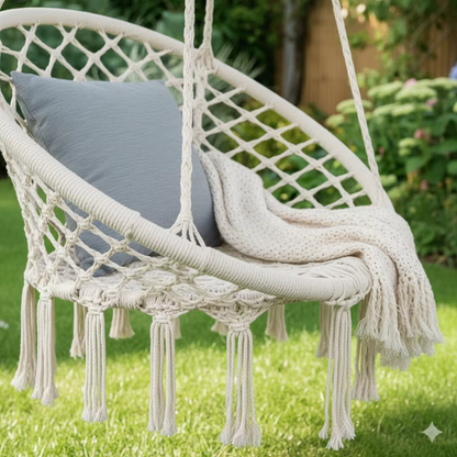 Scaun Suspendat Rotund Tip Hamac 80 cm cu Franjuri – Ideal pentru Balcon, Gradina, Foisor si Zona de Relaxare
