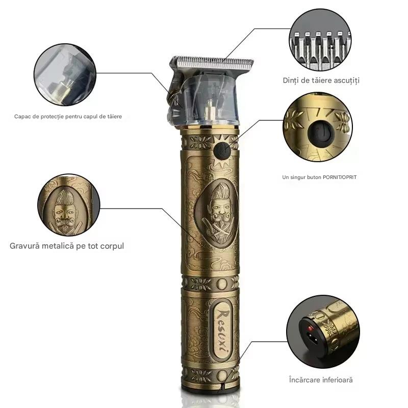 Aparat de Tuns Profesional cu Lama T Precision, Baterie Reincarcabila USB, Motor Puternic, 4 Capete Incluse, Design Vintage Metalic, Ideal Barba si Contur