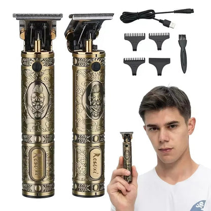 Aparat de Tuns Profesional cu Lama T Precision, Baterie Reincarcabila USB, Motor Puternic, 4 Capete Incluse, Design Vintage Metalic, Ideal Barba si Contur